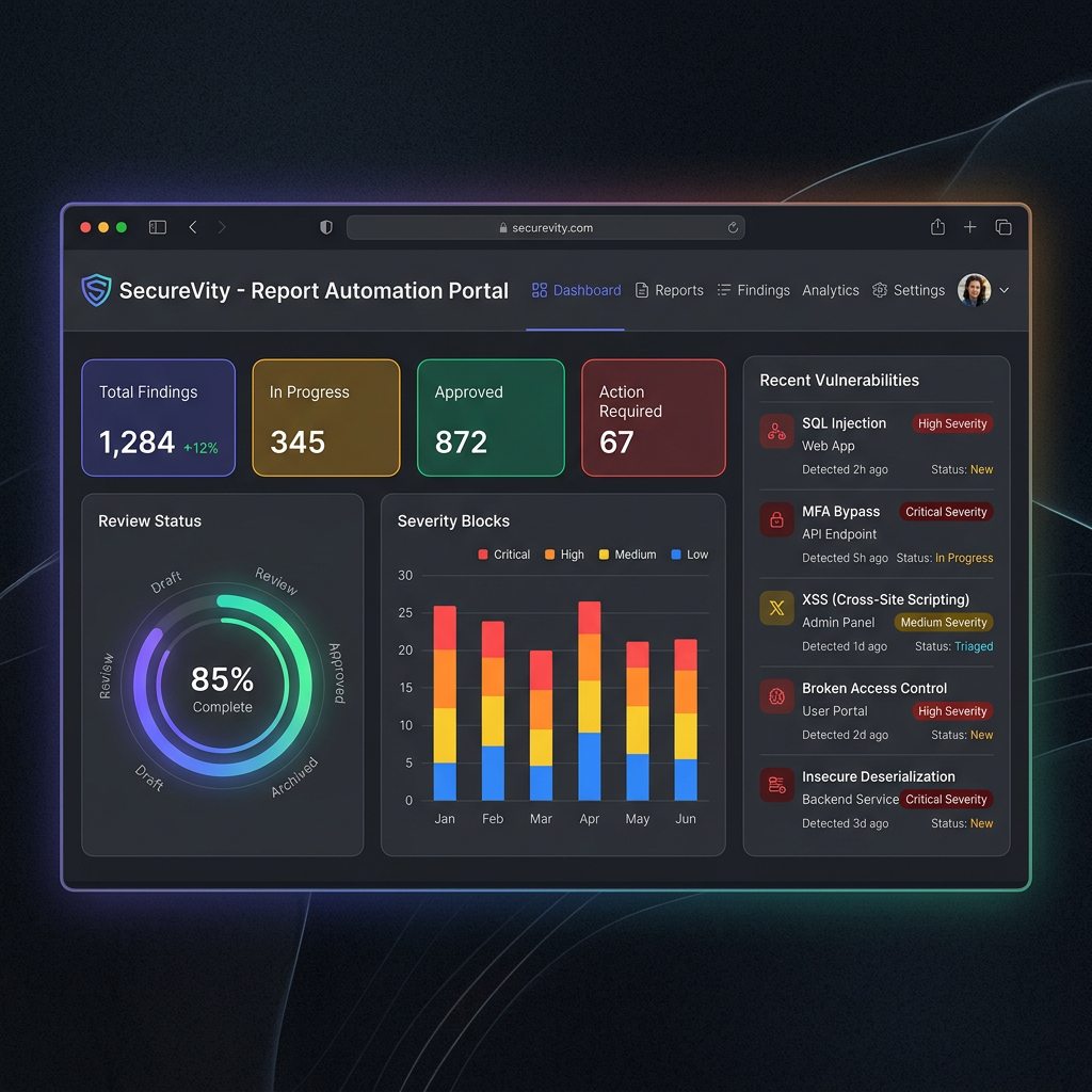 SecureVity Report Automation Suite Dashboard Mockup